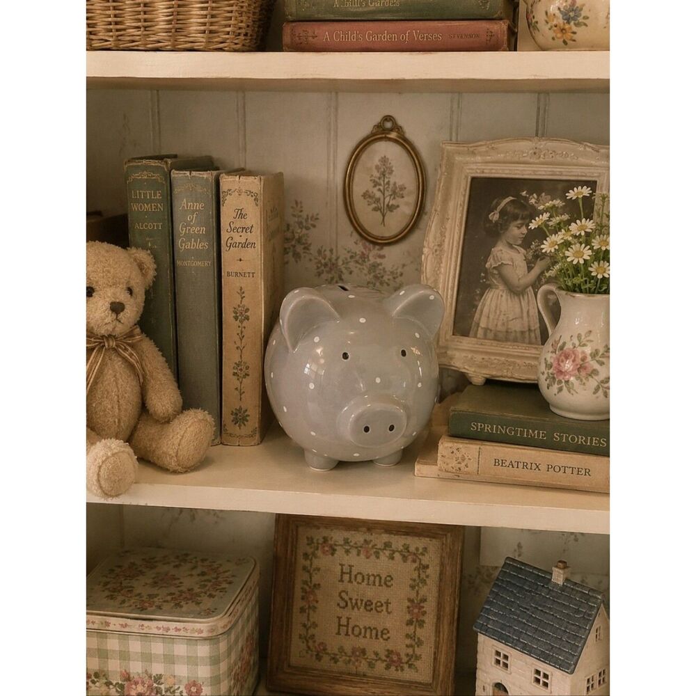 Gray Polka Dot Ceramic Piggy Bank - Decorative Money Saver Spending